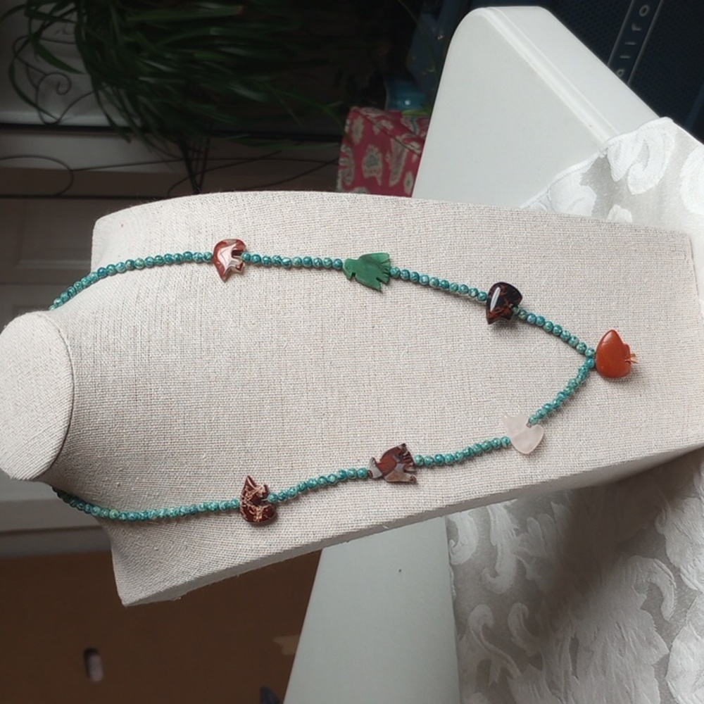 Artisan Tribal Fetish Carved Bear & Thunderbird Gemstone 20in Necklace